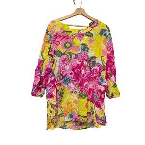 Boho Indian Cotton Floral Tunic Top Size L Pink Yellow Paisley Peasant Festival